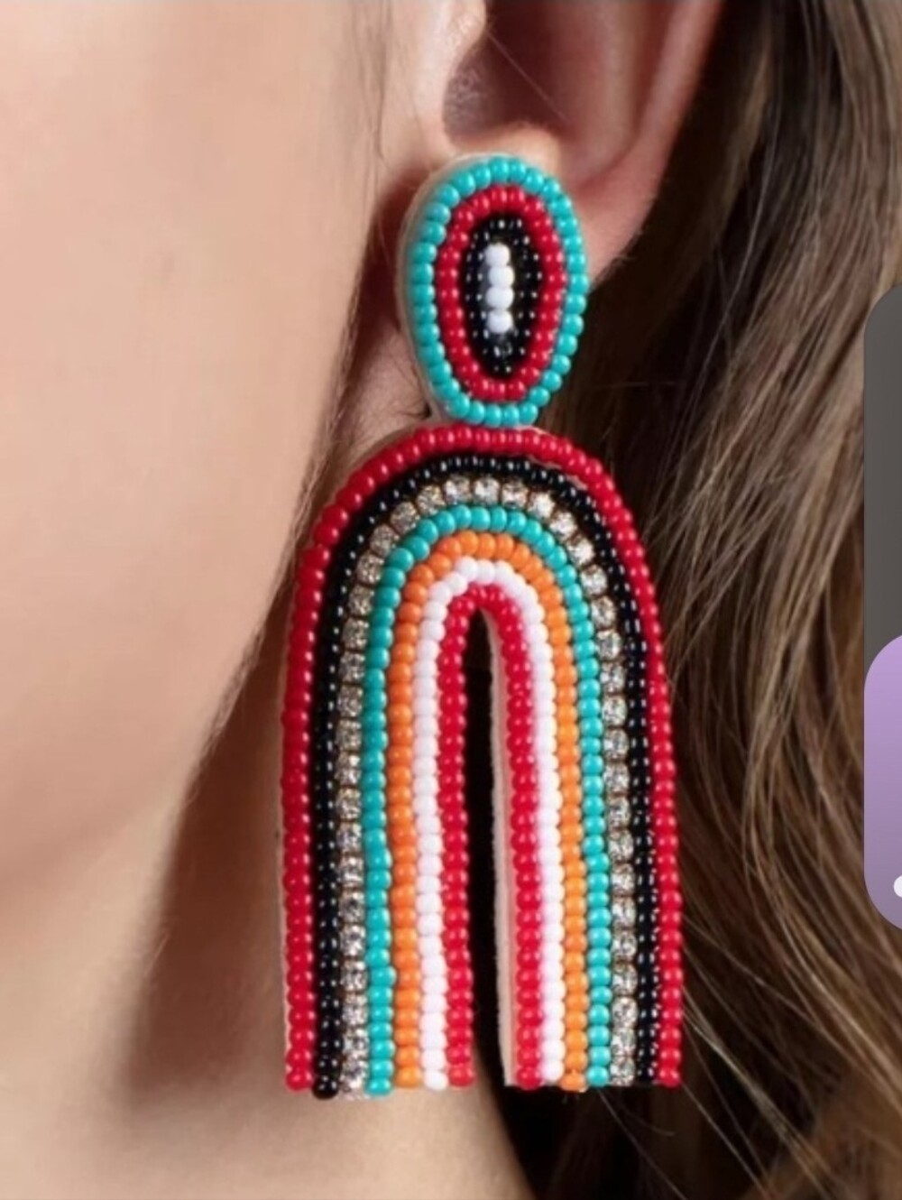 NEW Multicolor Beaded Arch Drop Earrings - Turquoise, Red & Pink #0353
